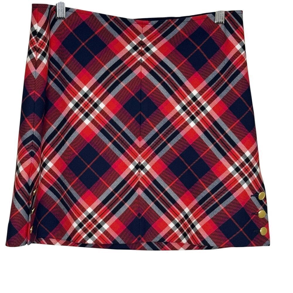 Trina Turk Skirt Womens 4 Red Navy Plaid Wool Blend Gold Button Mini Preppy